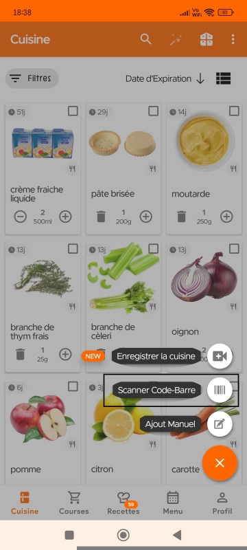 Kitchen page with Scan Barcode option